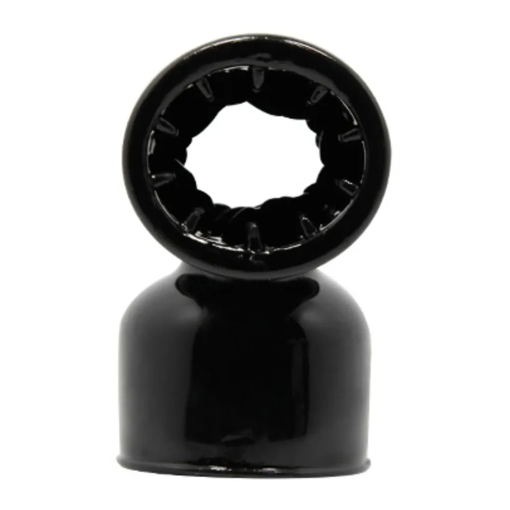 Tête interchangeable en silicone noir avec texture interne visible, conçue pour s'adapter à un masseur, présentation sur fond neutre