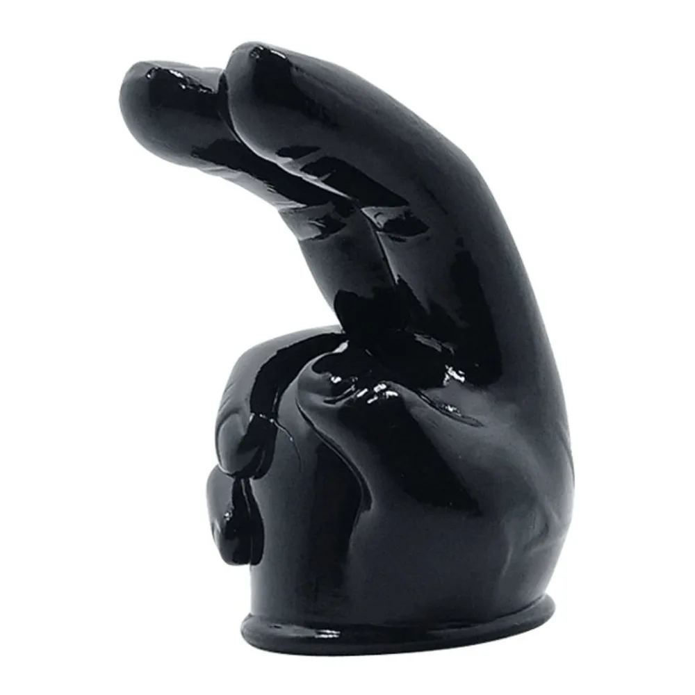 Tête interchangeable noire en forme de main avec doigts écartés, dotée d'un connecteur à la base pour adapter sur wand vibrant, vue de profil sur fond blanc