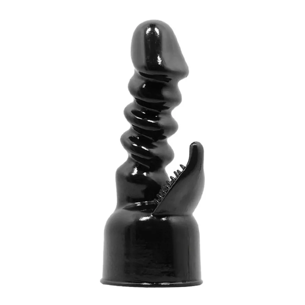 Tête interchangeable noire brillante à relief torsadé avec une protubérance latérale, montée sur socle cylindrique, fond blanc