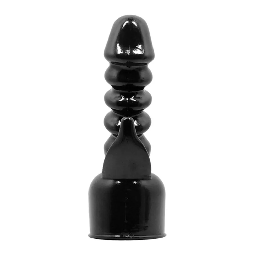 Tête interchangeable noire brillante à relief torsadé avec une protubérance latérale, montée sur socle cylindrique, fond blanc