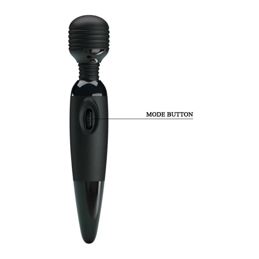 Masseur noir en silicone avec tête interchangeable arrondie, manche ergonomique et bouton de mode visible sur le corps, fond blanc