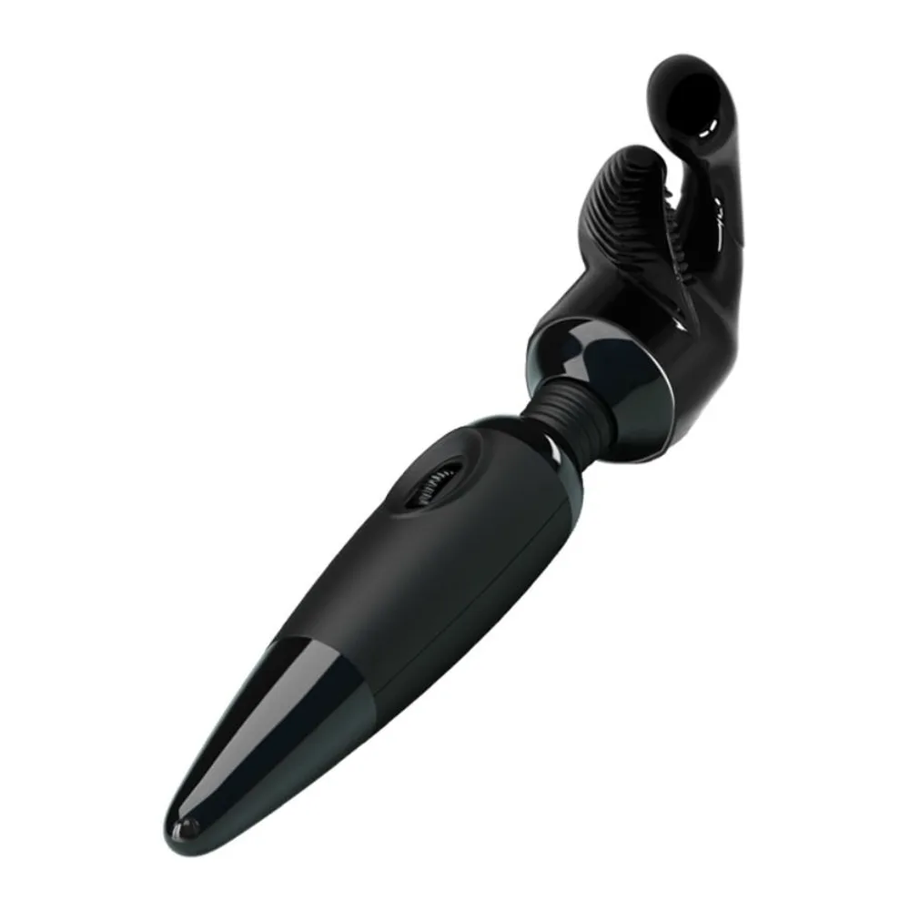 Masseur noir en silicone avec tête interchangeable arrondie, manche ergonomique et bouton de mode visible sur le corps, fond blanc