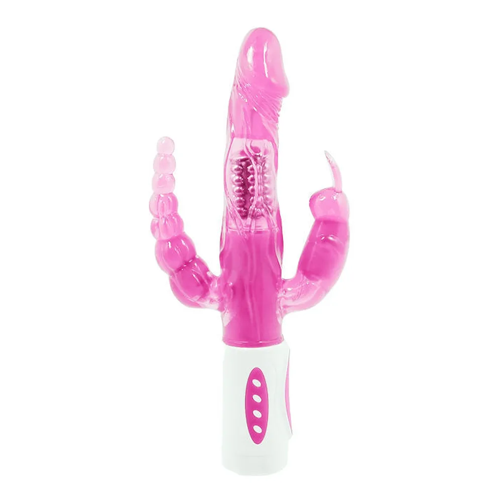 Vibromasseur rotatif rose vif en silicone avec trois branches articulées et moteurs rotatifs intégrés, poignée blanche avec boutons de contrôle, fond blanc