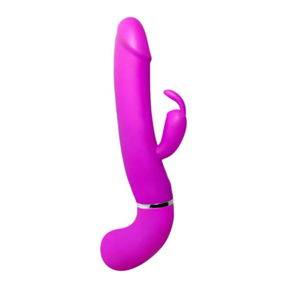 Vibromasseur rose fuchsia avec branche stimulante latérale courbe, tête arrondie, zone de contrôle avec anneau noir, fond blanc