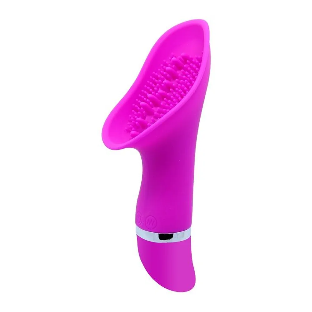 Stimulateur clitoridien en silicone rose vif avec tête plate ovale dotée de perles en relief, corps ergonomique et moteur avec bague métallique, sur fond blanc