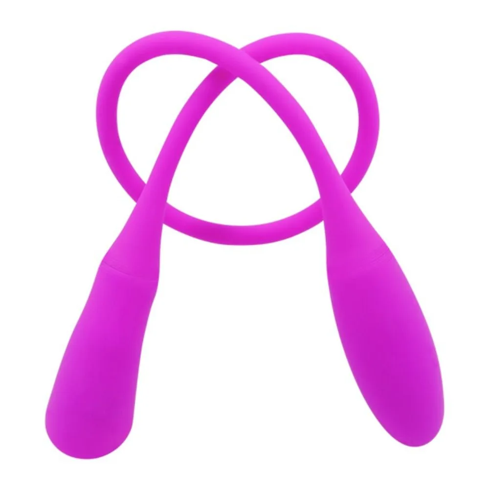 Double godemichet en silicone rose vif avec deux moteurs, structure ondulée et anneaux de préhension aux extrémités, sur fond blanc