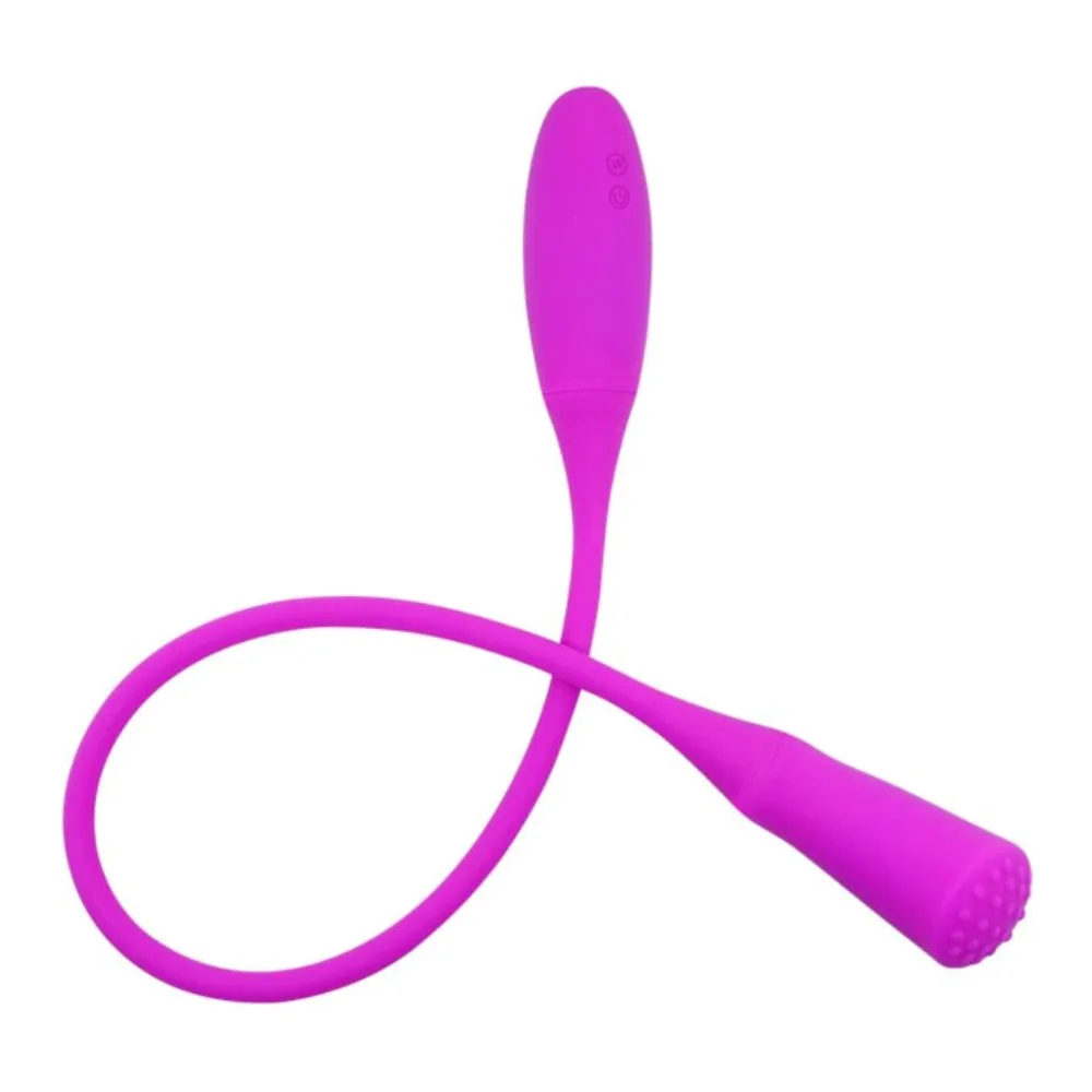 Double godemichet en silicone rose vif avec deux moteurs, structure ondulée et anneaux de préhension aux extrémités, sur fond blanc