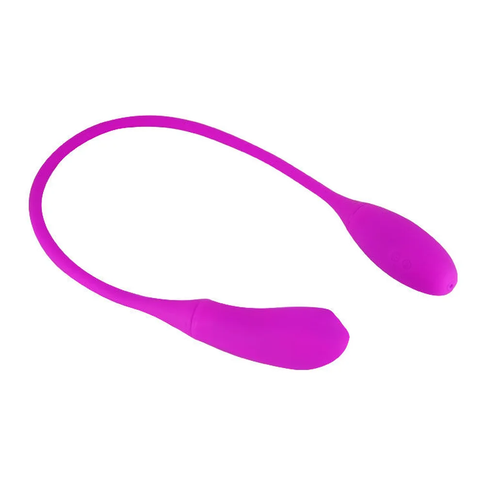 Vibromasseur souple en silicone magenta avec deux extrémités arrondies de tailles différentes reliées par un corps flexible sur fond blanc