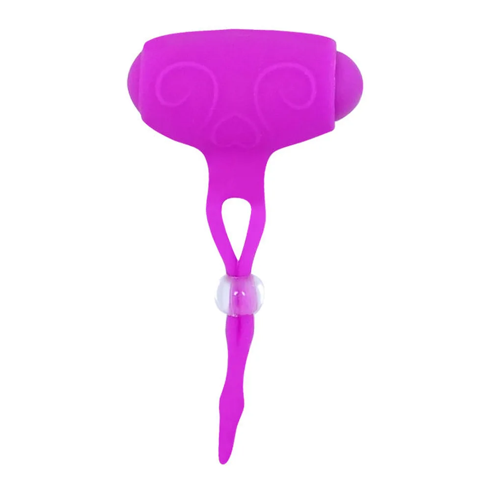 Pince à seins en silicone magenta avec tête textturée hérissée de picots, deux anneaux latéraux, tige fine et boucle de préhension, vue de face et de dos