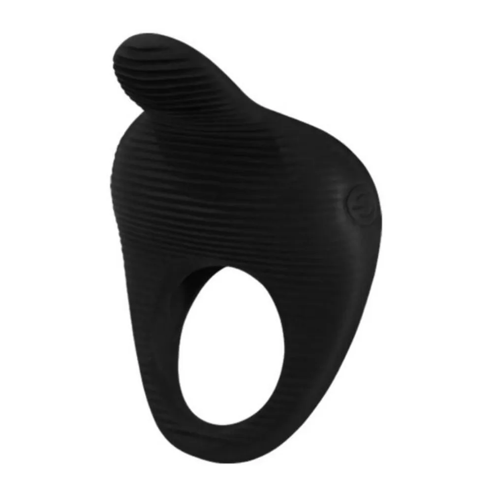 Anneau vibrant en silicone noir mat avec forme arrondie et ouverture centrale, petite protubérance sur le dessus, sur fond blanc
