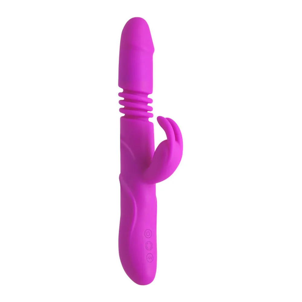 Vibromasseur rabbit en silicone rose fuchsia avec tige lisse et stimulateur clitoridien en forme d'oreille, sur fond blanc