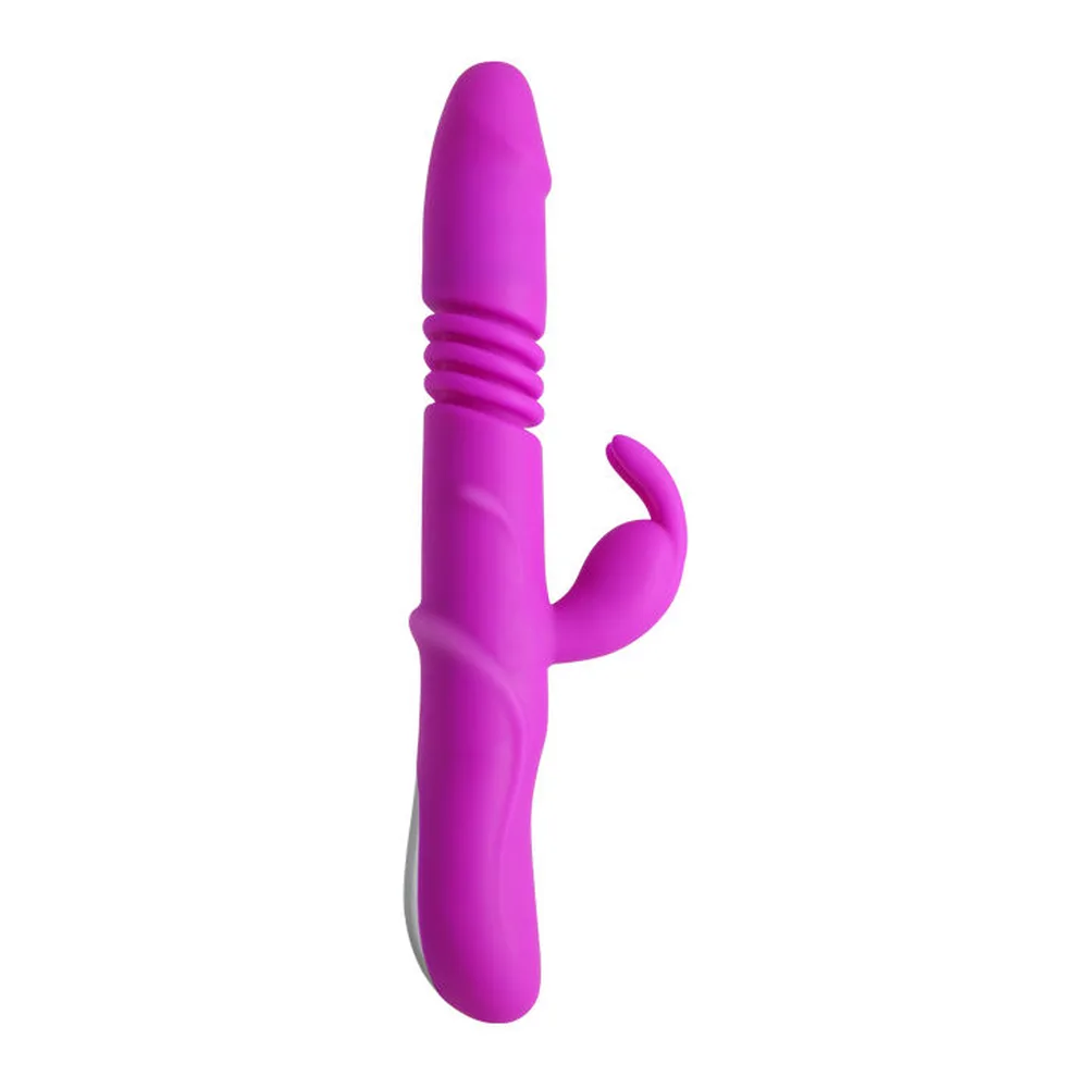 Vibromasseur rabbit en silicone rose fuchsia avec tige lisse et stimulateur clitoridien en forme d'oreille, sur fond blanc