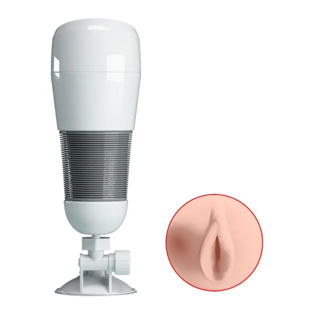 Masturbateur masculin blanc avec zone textilée centrale, base ventouse grise, et détail agrandi de l'orifice en rose sur fond blanc
