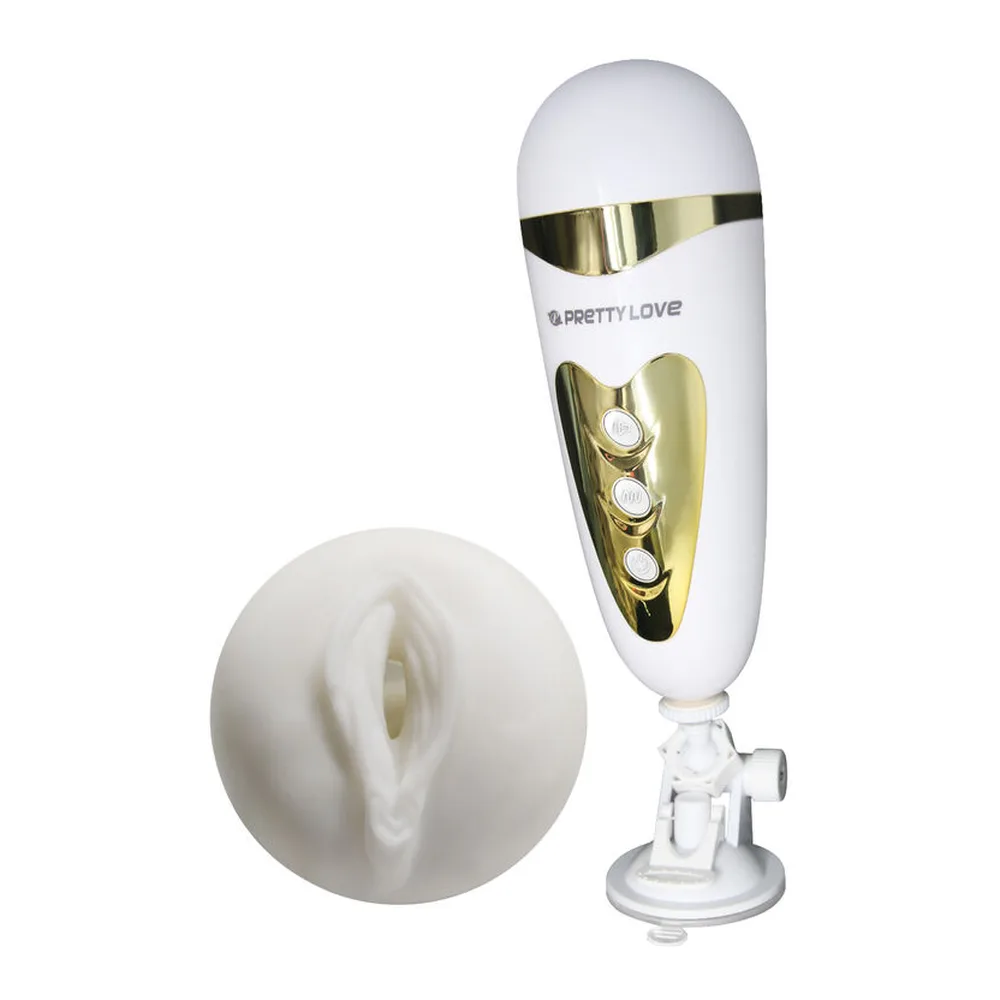 Masturbateur blanc et or avec insertable amovible, télécommande intégrée et ventouse de fixation, présenté avec l'accessoire détaché