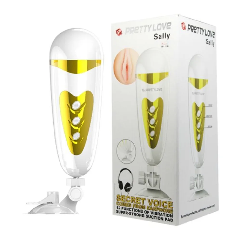 Masturbateur blanc et or avec insertable amovible, télécommande intégrée et ventouse de fixation, présenté avec l'accessoire détaché