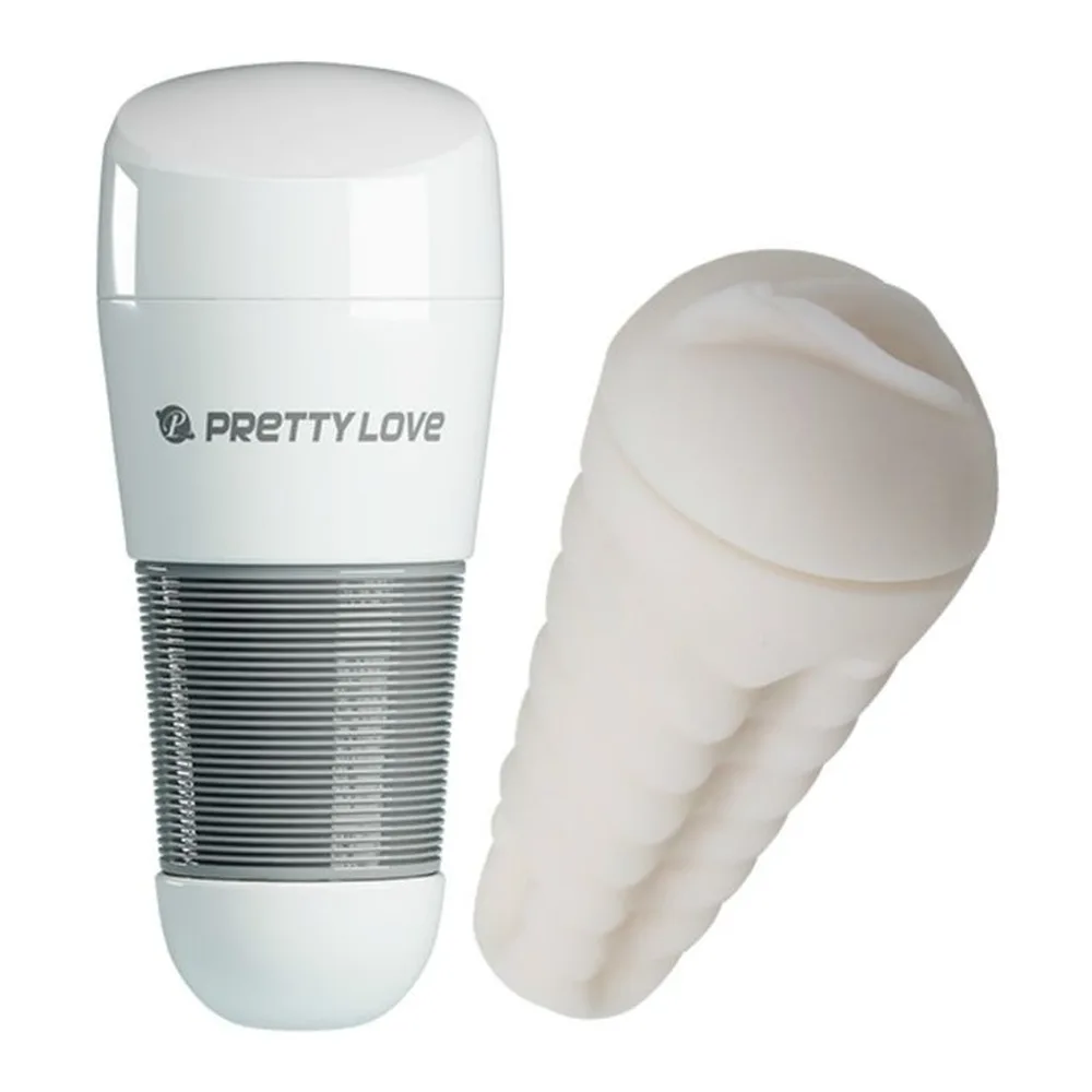 Masturbateur blanc Kitty de Pretty Love avec étui rigide à large bande texturée grise et gaine extractible blanche en silicone, présenté ouvert et fermé