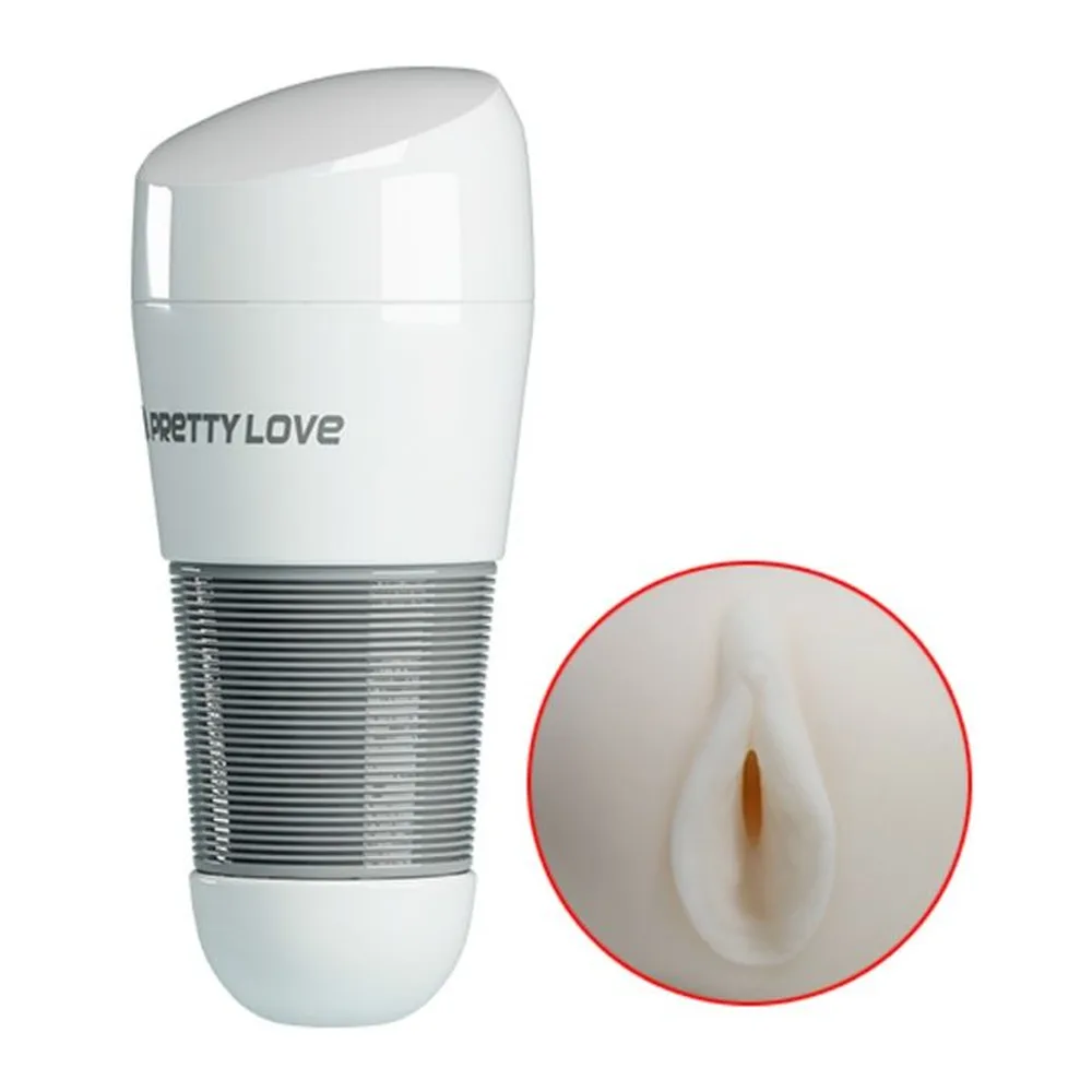 Masturbateur blanc Kitty de Pretty Love avec étui rigide à large bande texturée grise et gaine extractible blanche en silicone, présenté ouvert et fermé