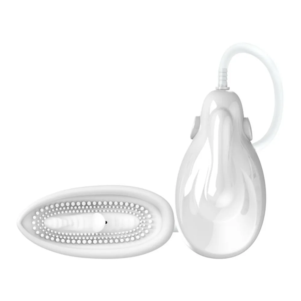 Stimulateur clitoridien blanc en silicone avec tête ovale et embout de succion, relié par câble à une télécommande sans fil de forme ergonomique, sur fond blanc