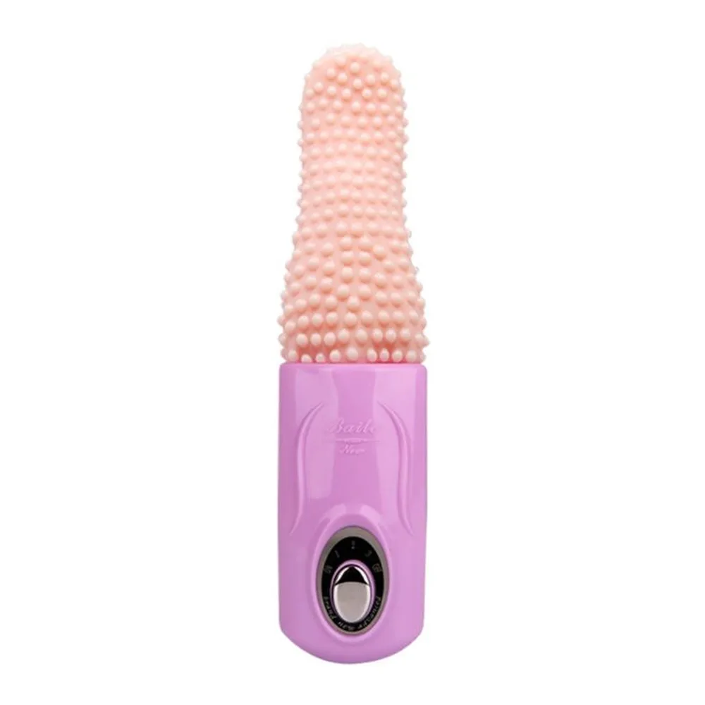 Stimulateur avec tête en TPR rose pêche texturée de perles et manche violet fuchsia, bouton de commande au bas, fond blanc