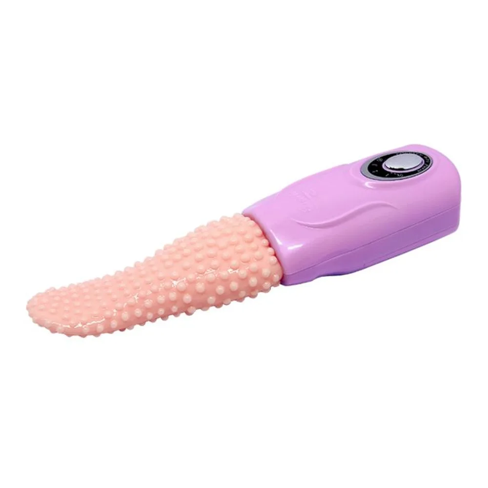 Stimulateur avec tête en TPR rose pêche texturée de perles et manche violet fuchsia, bouton de commande au bas, fond blanc