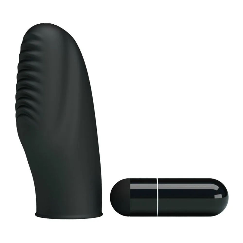 Vibromasseur noir en silicone : dé de doigt strié sur la gauche et mini-balle vibrante sur la gauche, alimentation à piles visible sur le boîtier