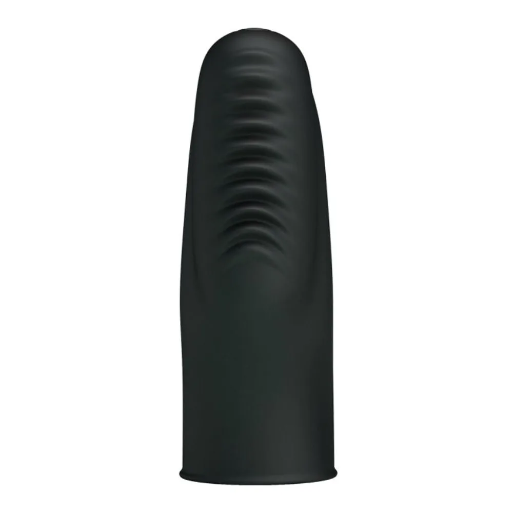 Vibromasseur noir en silicone : dé de doigt strié sur la gauche et mini-balle vibrante sur la gauche, alimentation à piles visible sur le boîtier