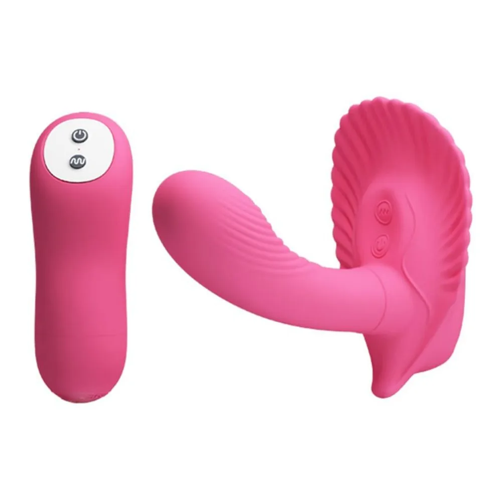 Vibromasseur rose en silicone avec tête incurvée et nervurée, accompagné de sa télécommande sans fil dotée de deux boutons de contrôle