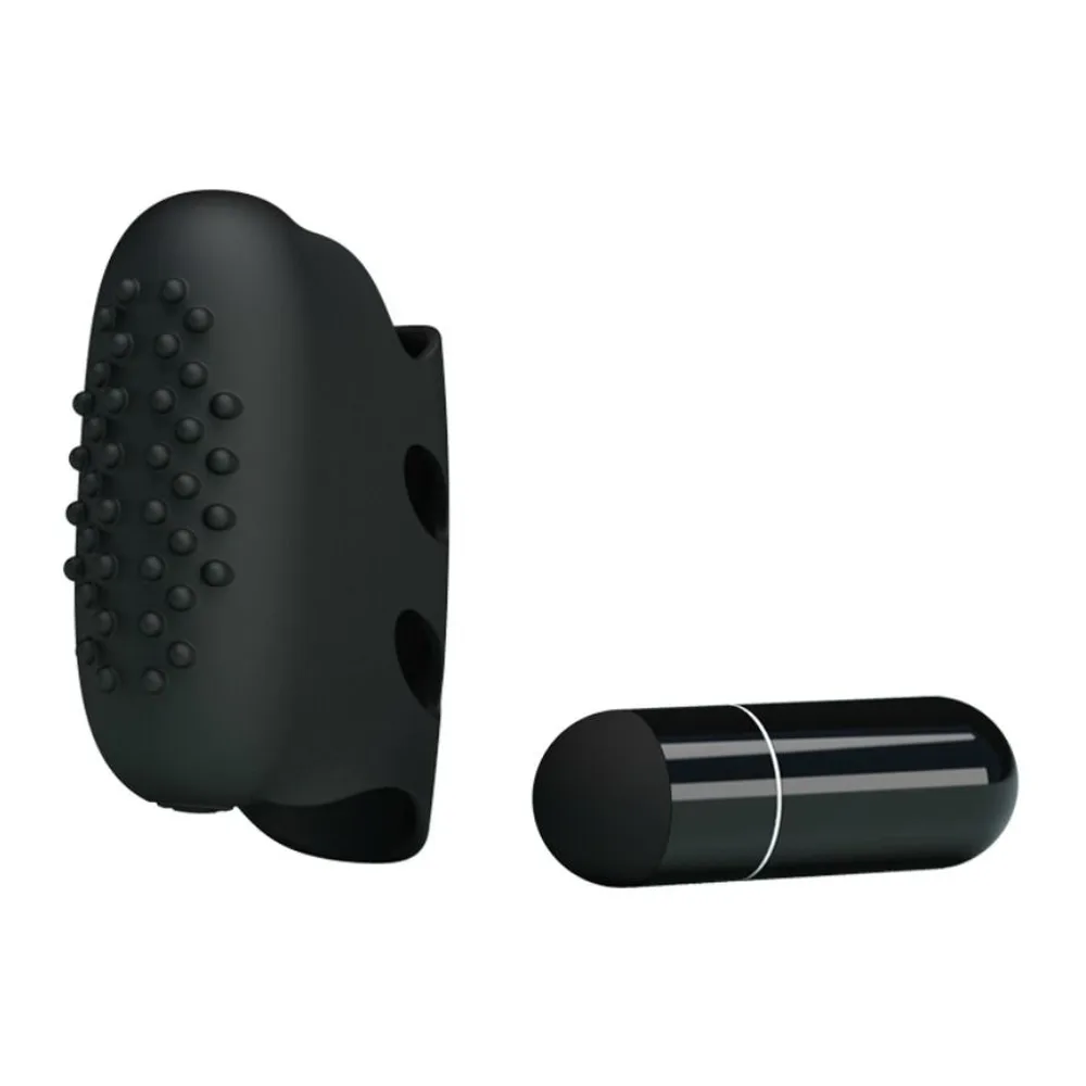 Vibromasseur noir en silicone avec picots en relief sur la face avant et deux orifices latéraux, accompagné d'une batterie cylindrique noire