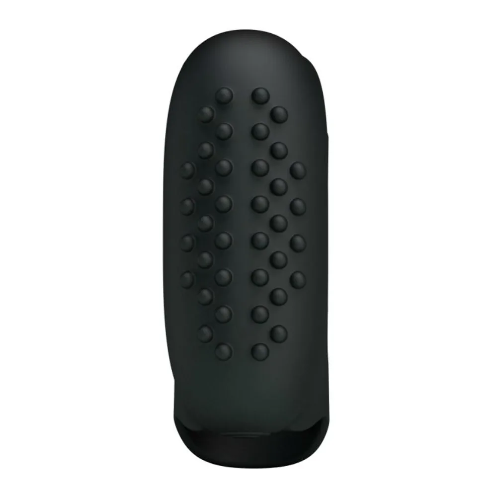 Vibromasseur noir en silicone avec picots en relief sur la face avant et deux orifices latéraux, accompagné d'une batterie cylindrique noire
