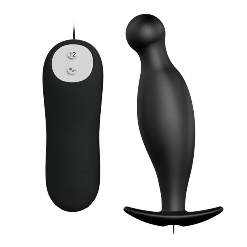 Plug anal en silicone noir avec télécommande filaire affichant 12 modes de vibration, forme courbée ergonomique avec base élargie