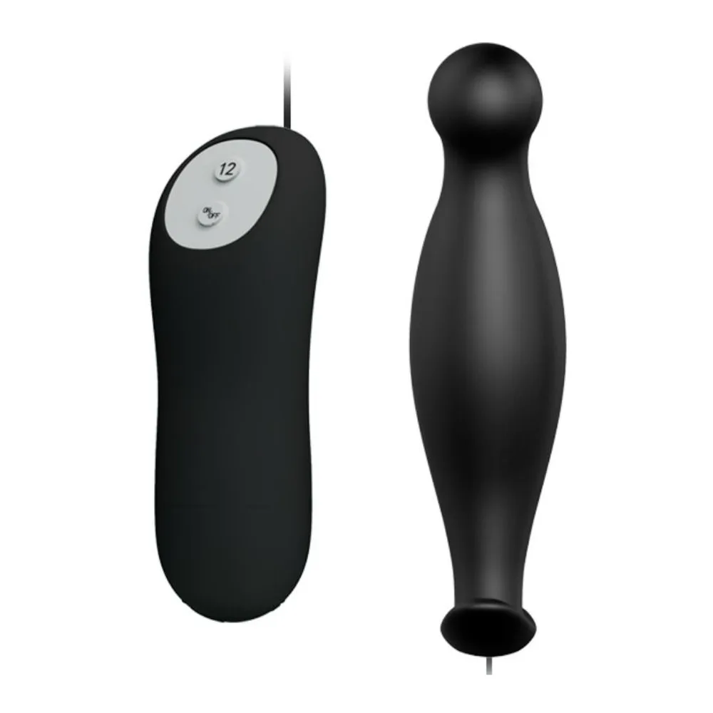 Plug anal en silicone noir avec télécommande filaire affichant 12 modes de vibration, forme courbée ergonomique avec base élargie