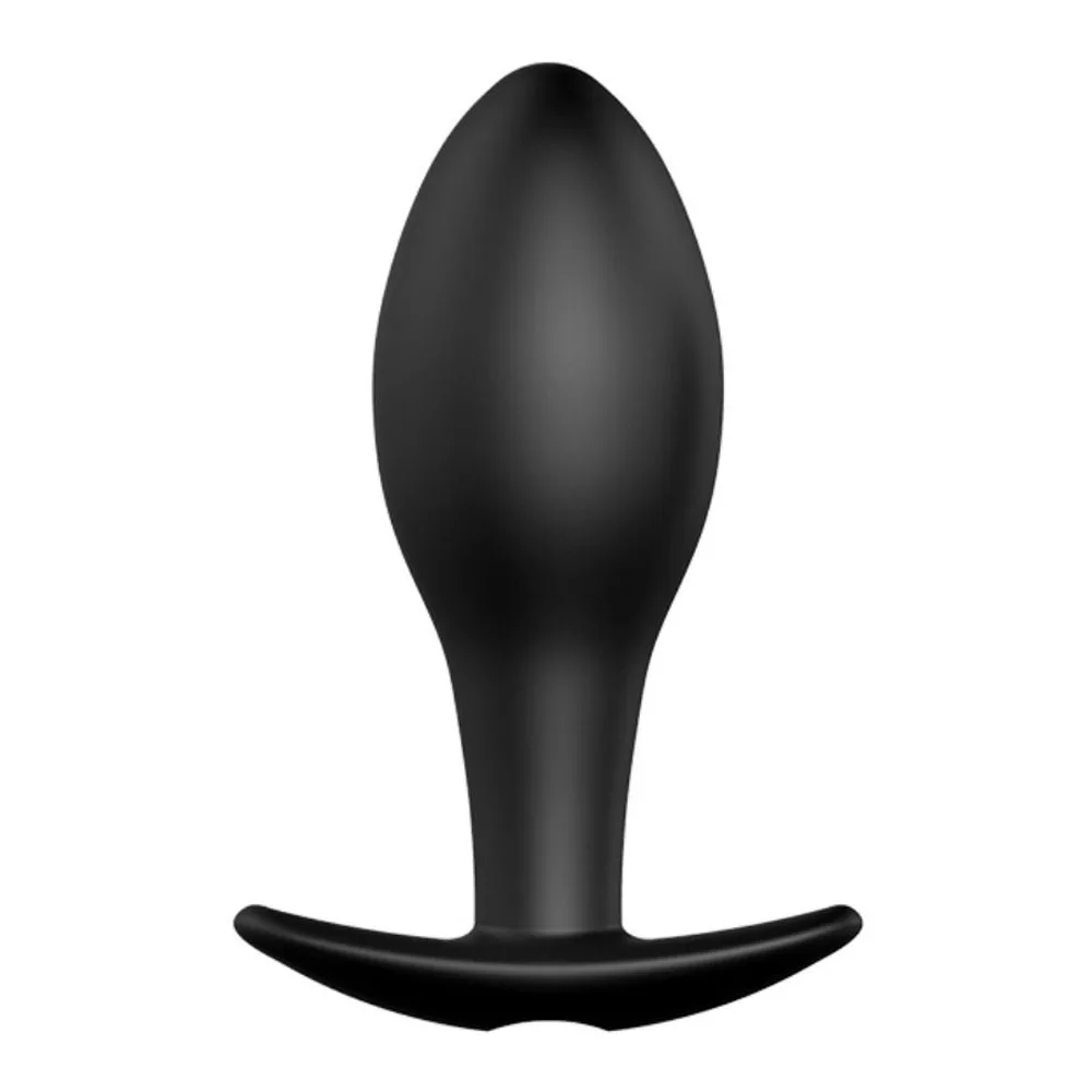 Plug anal noir en silicone, forme bulbée avec base élargie en ancre, sur fond blanc