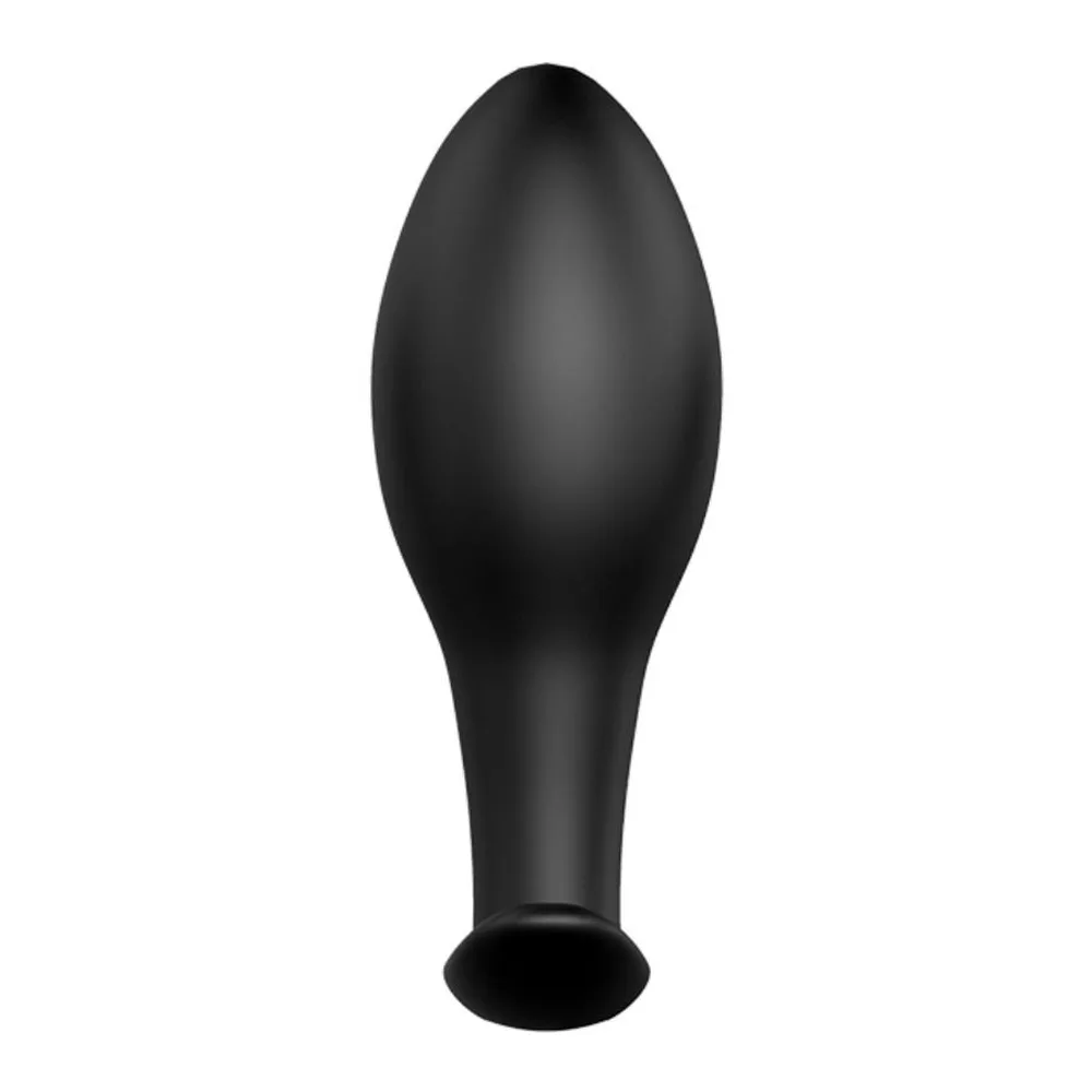 Plug anal noir en silicone, forme bulbée avec base élargie en ancre, sur fond blanc
