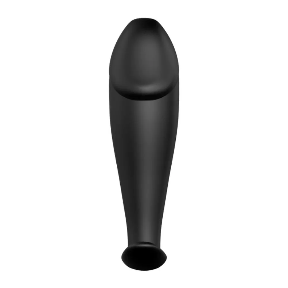 Plug anal en silicone noir avec forme glandulaire, accompagné de sa télécommande filaire noire et blanche affichant 12 modes de vibration