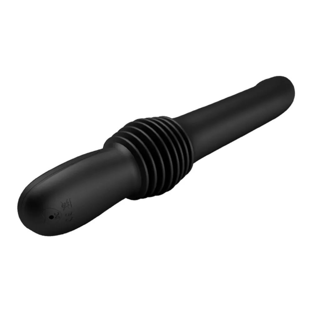 Vibromasseur noir Pazuzu en silicone avec zone de stimulation arrondie, anneau de retenue textué et télécommande sans fil intégrée sur fond blanc