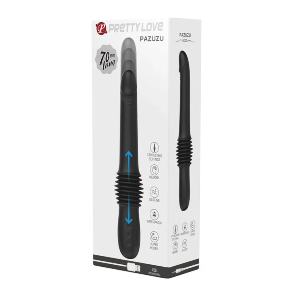 Vibromasseur noir Pazuzu en silicone avec zone de stimulation arrondie, anneau de retenue textué et télécommande sans fil intégrée sur fond blanc
