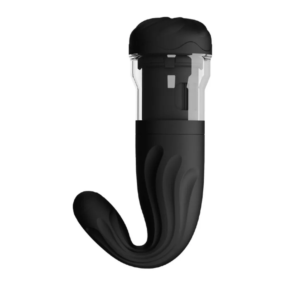 Masturbateur rotatif noir avec chambre à picots, corps coudé ergonomique, capot supérieur transparent, sur fond blanc