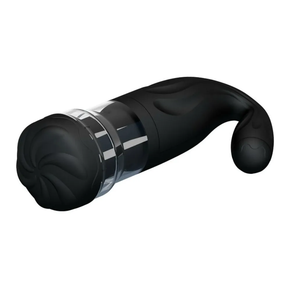 Masturbateur rotatif noir avec chambre à picots, corps coudé ergonomique, capot supérieur transparent, sur fond blanc