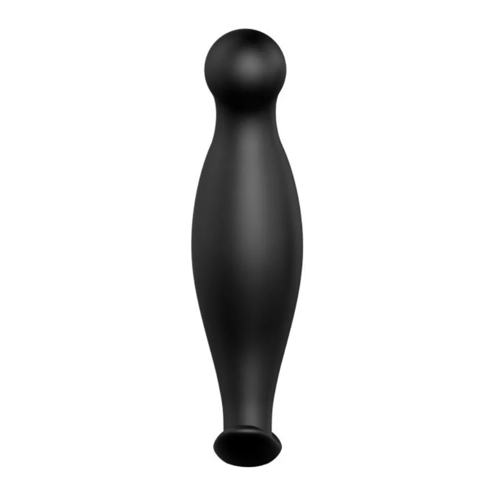 Plug anal noir en silicone avec tête ronde et col incurvé, base plate évasée, sur fond blanc