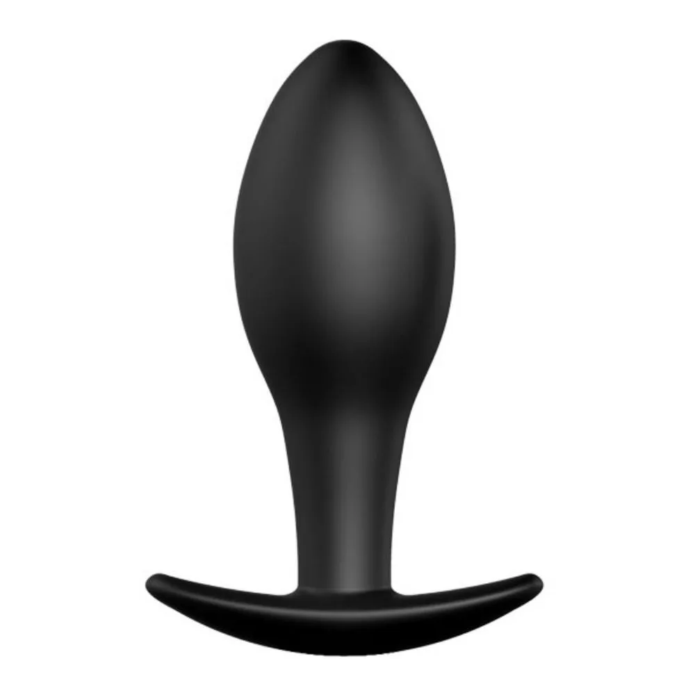 Plug anal en silicone noir de forme ogive lisse avec base en T large, sur fond blanc