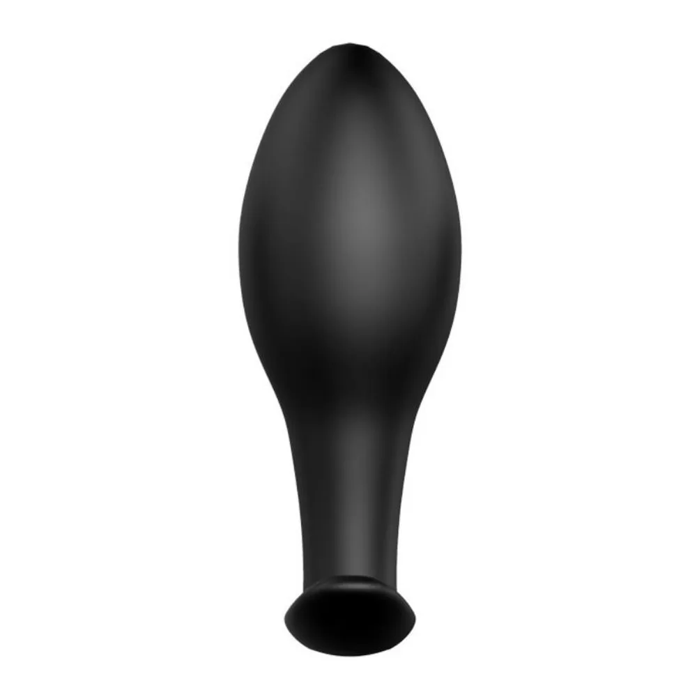 Plug anal en silicone noir de forme ogive lisse avec base en T large, sur fond blanc