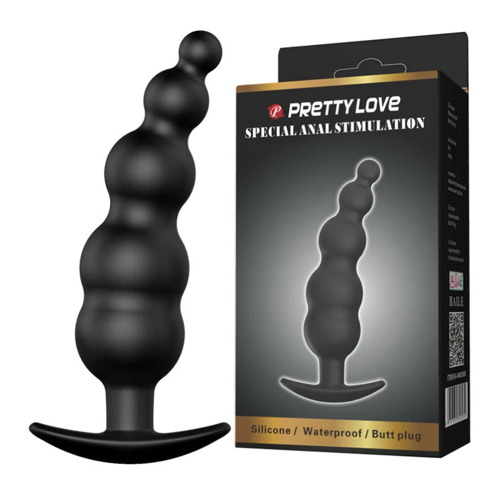 Plug anal noir en silicone avec base évasée, composé de quatre renflements sphériques progressifs empilés, sur fond blanc