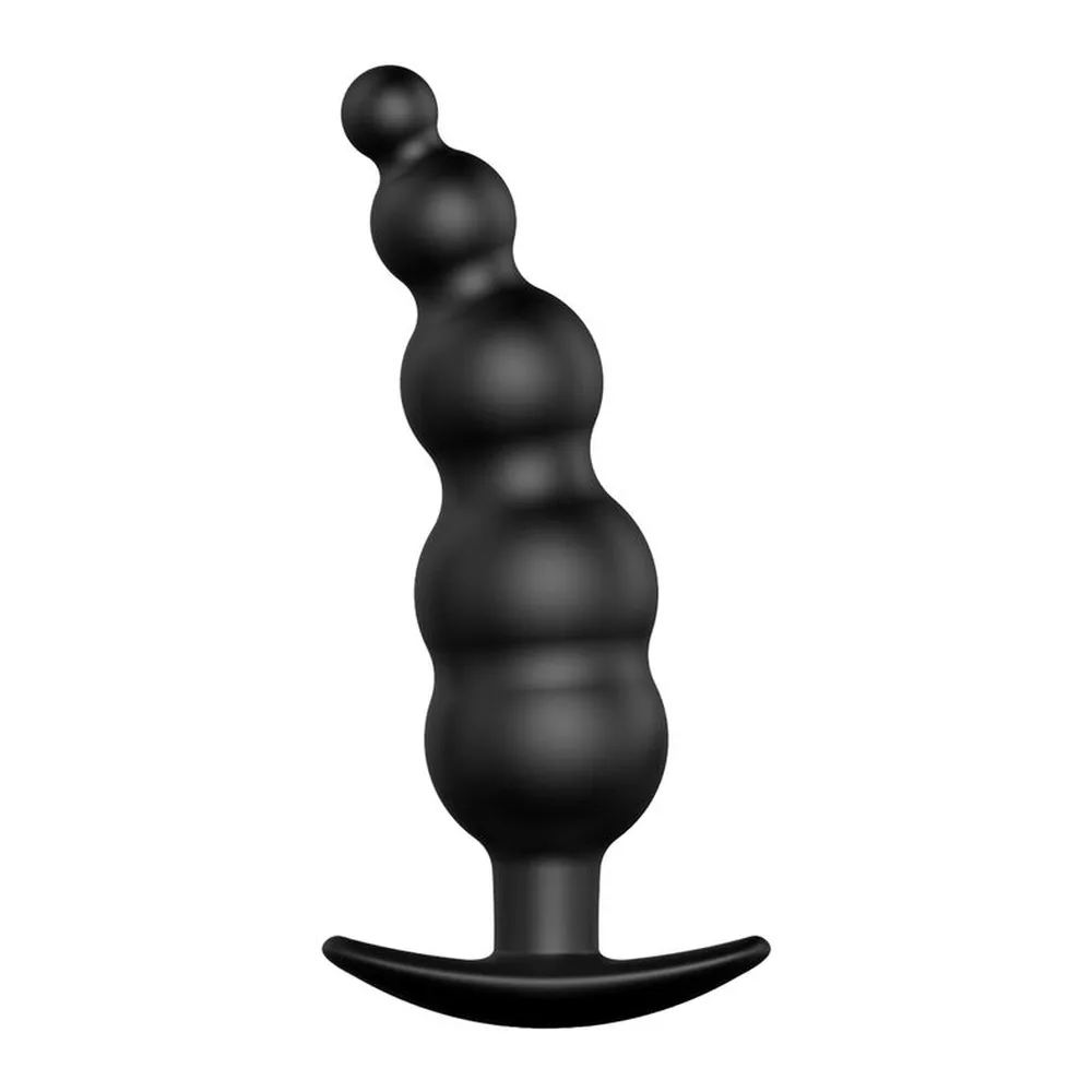 Plug anal noir en silicone avec base évasée, composé de quatre renflements sphériques progressifs empilés, sur fond blanc