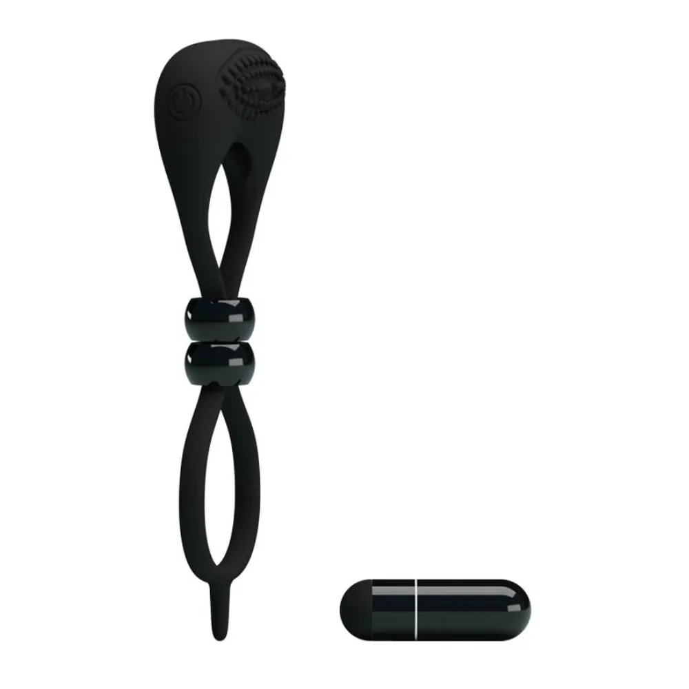Cockring noir en silicone avec double anneau et boucle de serrage ajustable, accompagné d'une batterie cylindrique