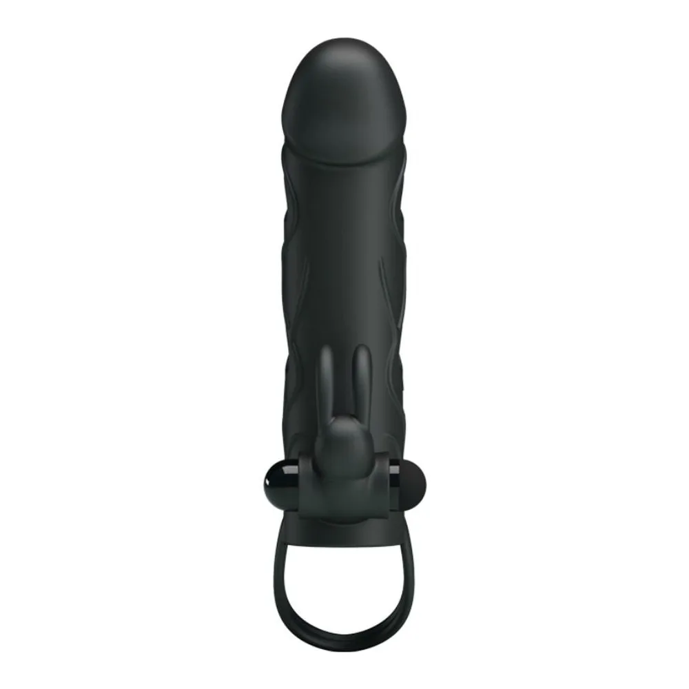 Housse en silicone noir avec reliefs texturés, dotée d'un stimulateur clitoridien intégré et d'une sangle de maintien, sur fond blanc