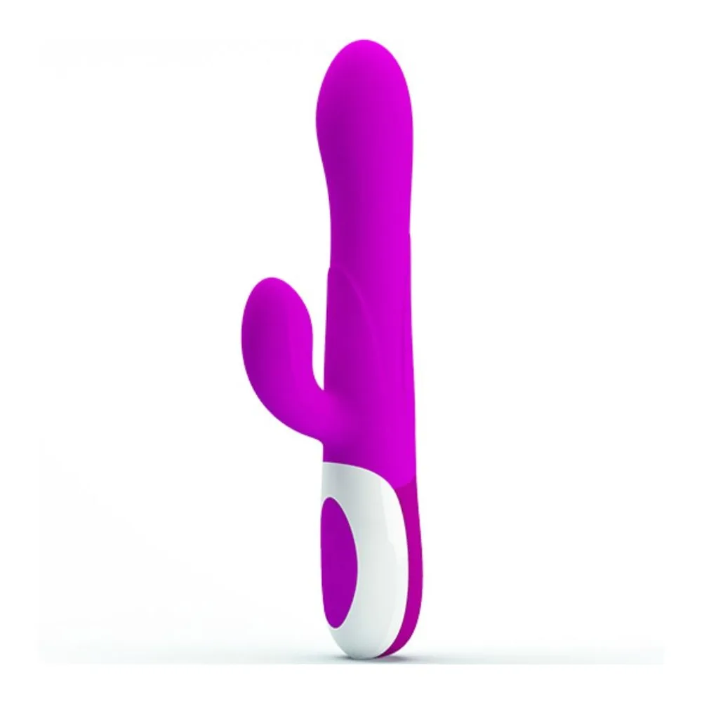 Schéma de dimensions d'un vibromasseur point G en silicone magenta avec stimulateur clitoridien, montrant une largeur de 37mm au sommet, 29mm pour le bras latéral, hauteur totale de 155mm et manche de 114mm