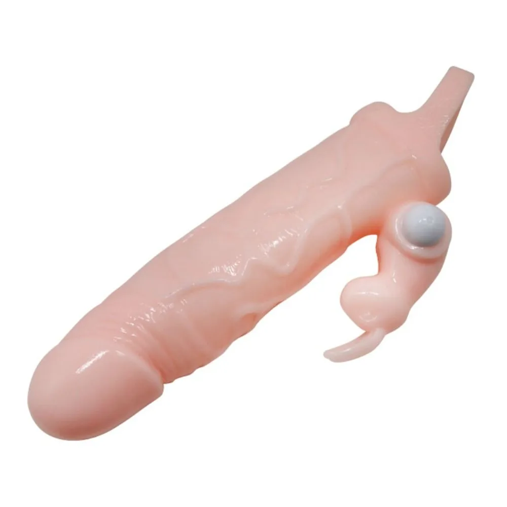 Gaine de pénis en silicone rose clair avec stimulateur clitoridien lapin articulé et perle de massage, deux moteurs indépendants, sur fond blanc