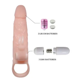 Gaine de pénis silicone rose, stimulateur lapin, deux moteurs, coloris Chair, autre vue 6