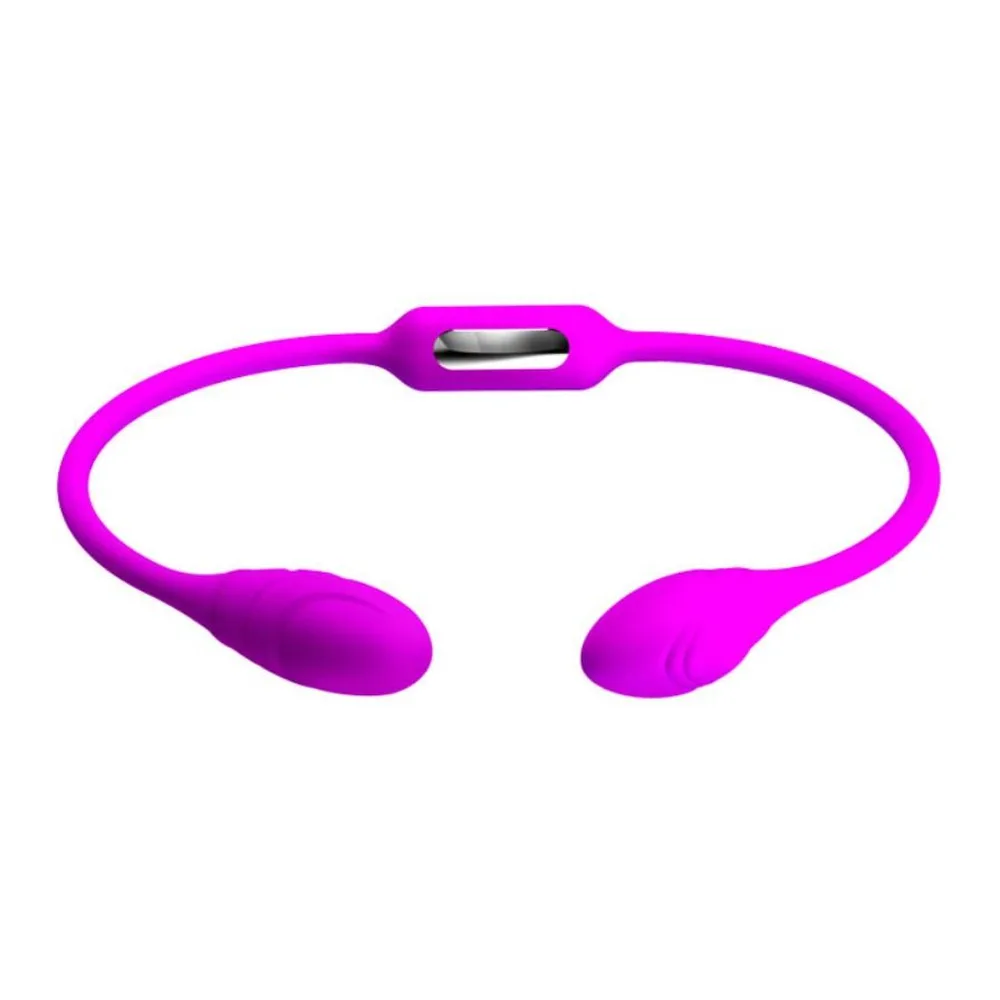 Vibromasseur double en silicone magenta avec deux embouts arrondis, tige souple et flexible, sur fond blanc