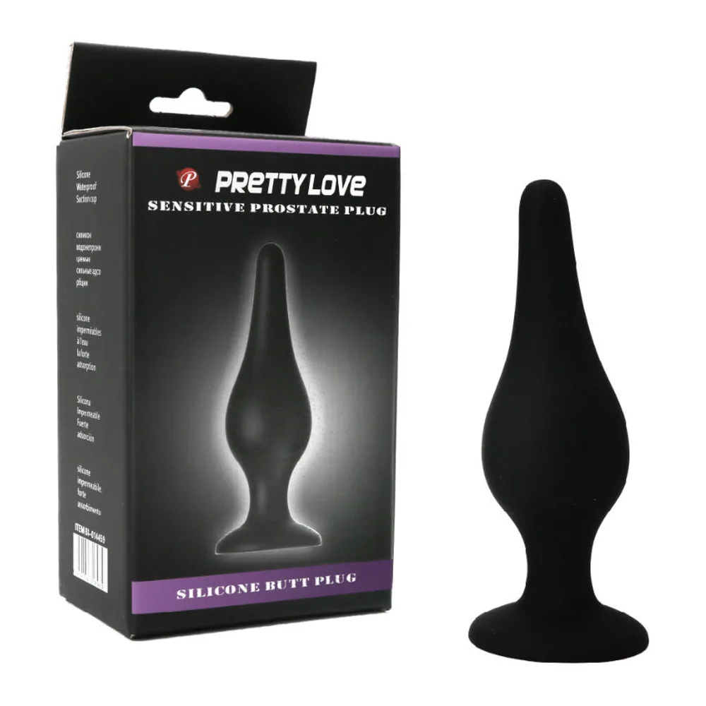 Plug anal noir en silicone, forme élancée avec base évasée et ventouse, sur fond blanc
